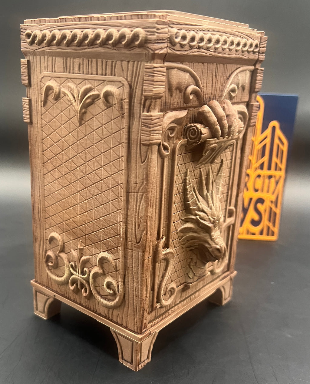 Hand painted wood finish TCG Deck Box with Dice Tray