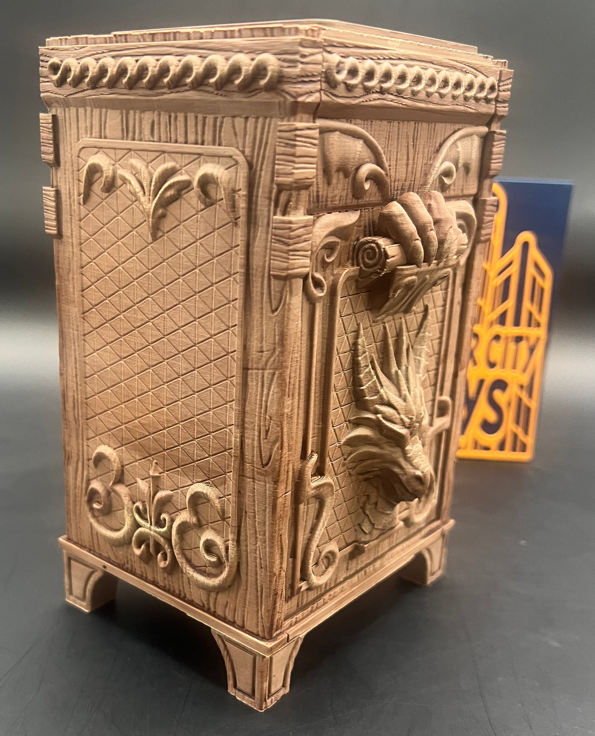 Hand painted wood finish TCG Deck Box with Dice Tray